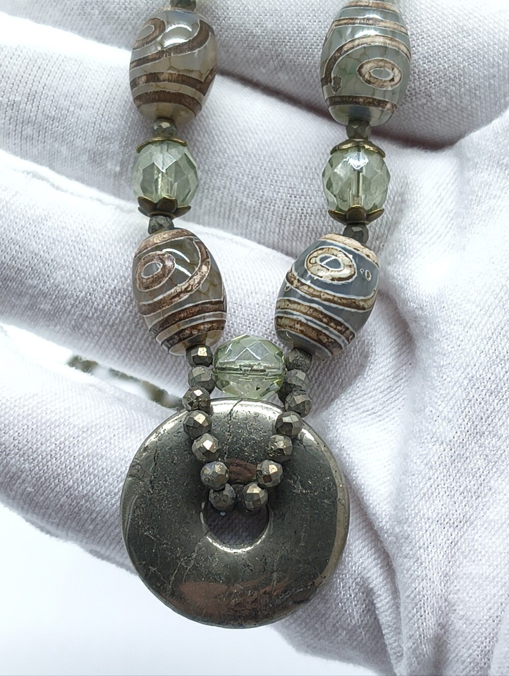Natural Pyrite Dzi Agate Beaded Necklace